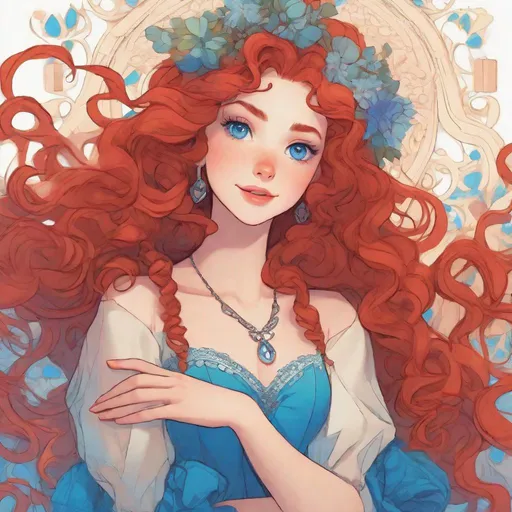 Prompt: vivid, super detailed, full body, Disney style, cute, long red hair, styled, curly, lace, expressive blue eyes, perfect hands, symmetrical face, emotion, 24 year old woman