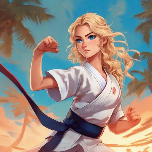 Prompt: vivid, detailed, 1girl, full body, beautiful, long curly blonde hair, large expressive blue eyes, karate black belt, kata, serious expression, realistic animated style