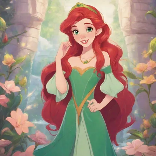 Prompt: Vivid, detailed, Disney classic animation style, Ariel Disney princess, full body, cute, elf princess, fancy short elven dress