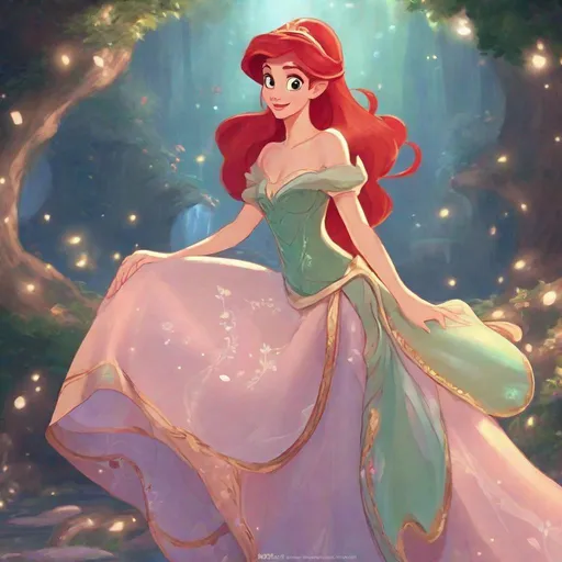 Prompt: Vivid, detailed, Disney classic animation style, Ariel Disney princess, full body, cute, elf princess, fancy elven dress