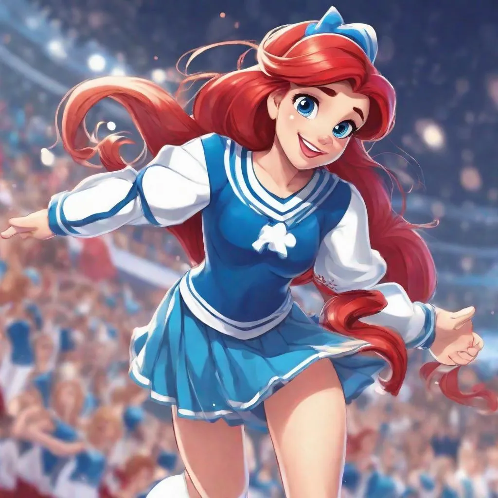 Prompt: 1girl, Vivid, super detailed, full body, Full color, Ariel Disney princess, cheerleader, blue and white uniform