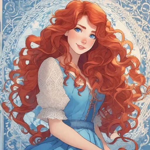 Prompt: vivid, super detailed, full body, Disney style, cute, long red hair, styled, curly, lace, expressive blue eyes, perfect hands, symmetrical face, emotion, 24 year old woman