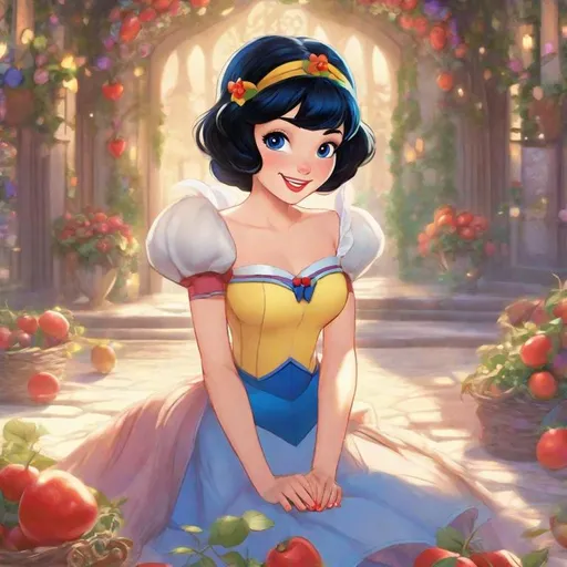 Prompt: Vivid, super detailed, full body, Full color, super attractive, Disney Snow White as young elf girl, princess, short black hair, pixie cut, sweet, cute, caring, smiling, expressive blue eyes, perfect hands, miniskirt