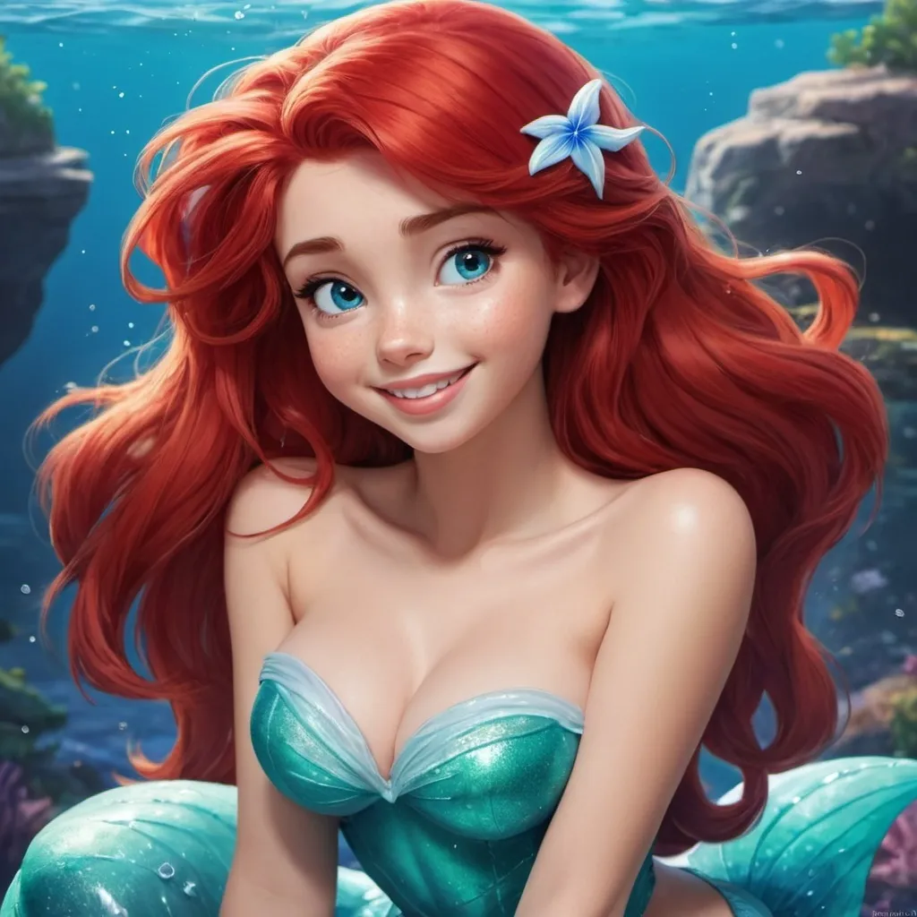 Prompt: 1girl, Vivid, super detailed, full body, Full color, super attractive, Disney Ariel, princess, anime style, red hair, sweet, cute, caring, smiling, expressive blue eyes, perfect hands