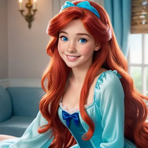 Prompt: 1girl, Ariel Disney Princess, 25 years old, long red hair, feminine nightgown, expressive blue eyes, blue ribbon in hair, smiling, cute, sweet, happy