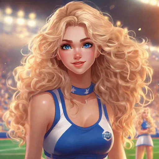 Prompt: vivid, detailed, 1girl, full body, realistic animated style, beautiful, long curly blonde hair, large expressive blue eyes, cheerleader