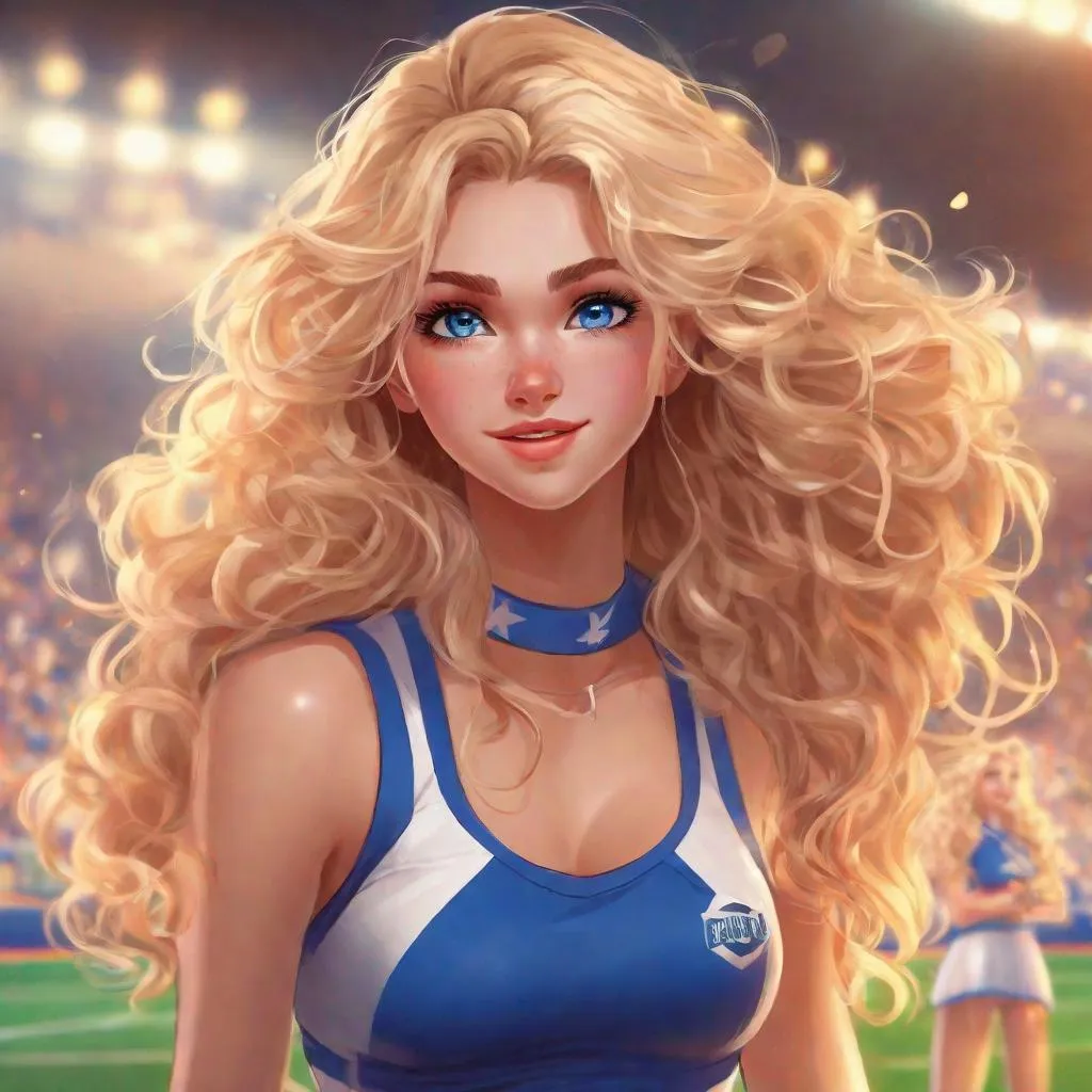 Prompt: vivid, detailed, 1girl, full body, realistic animated style, beautiful, long curly blonde hair, large expressive blue eyes, cheerleader