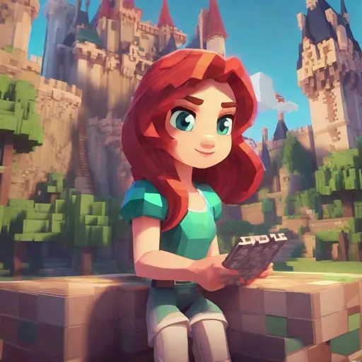 Prompt: 1girl, vivid, super-detailed, Ariel disney princess, cute, playing Minecraft, minecraft castle in background