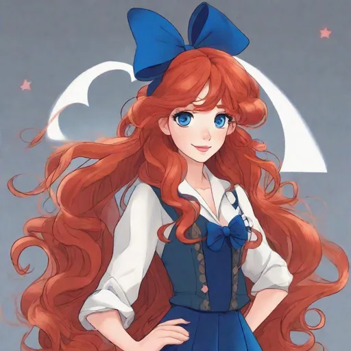 Prompt: vivid, super detailed, full body, Disney style, cute, long red hair, styled, curly, bow in hair, expressive blue eyes, perfect hands, symmetrical face, emotion, 24 years old