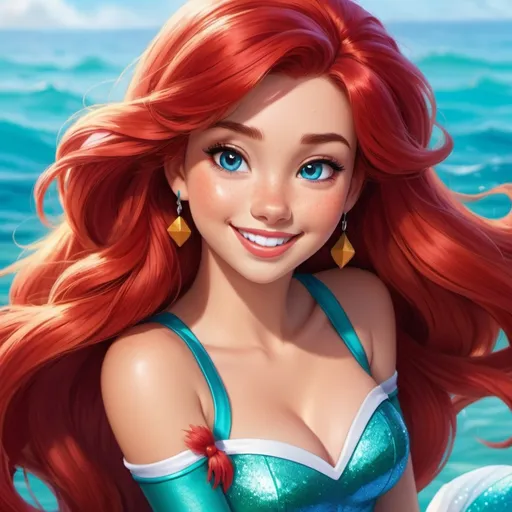 Prompt: Vivid, super detailed, full body, Full color, super attractive, Disney Ariel, princess, cheerleader, red hair, sweet, cute, caring, smiling, expressive blue eyes, perfect hands