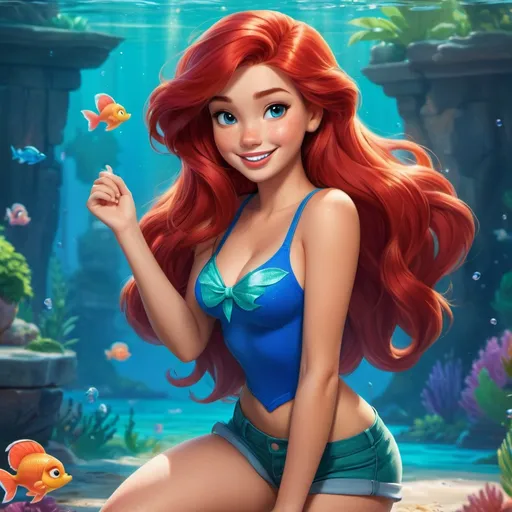 Prompt: Vivid, super detailed, full body, Full color, super attractive, super model, Disney Ariel, princess, red hair, sweet, cute, caring, smiling, expressive blue eyes, perfect hands, tank top, shorts