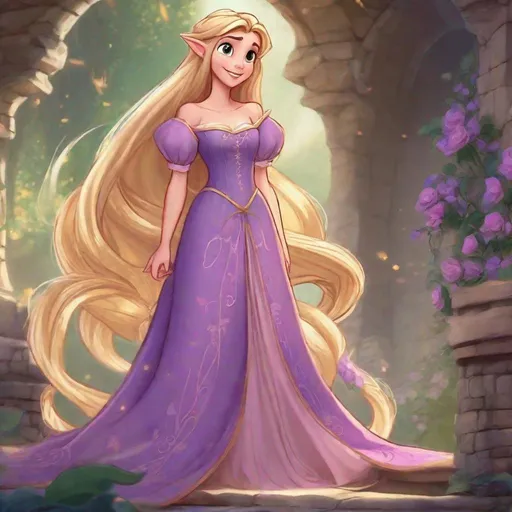 Prompt: 1girl, Vivid, detailed, Disney classic animation style, Rapunzel Disney princess, full body, cute, elf princess, fancy short elven dress