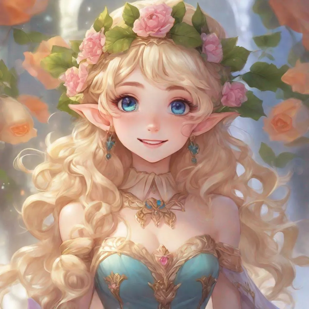 Prompt: Vivid, super detailed, full body, Full color, super attractive, young elf girl, princess, blonde curly hair, sweet, cute, caring, smiling