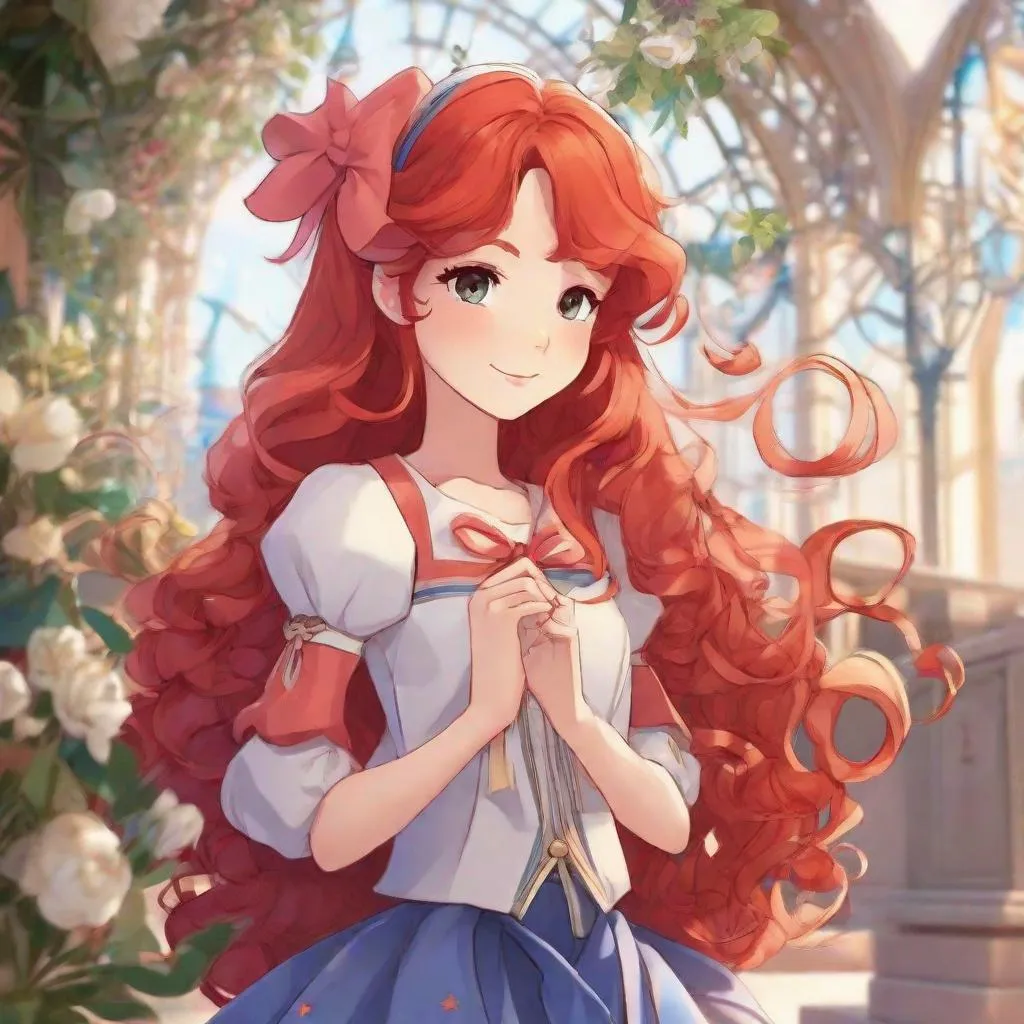 Prompt: 1girl, vivid, super detailed, full body, Disney style, anime, cute, long red hair, styled, curly, bow in hair, perfect hands, symmetrical face