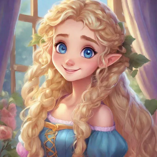 Prompt: Vivid, super detailed, full body, Full color, super attractive, Rapunzel as young elf girl, princess, blonde curly hair, ribbon in hair, sweet, cute, caring, smiling, expressive blue eyes