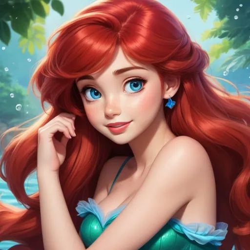 Prompt: 1girl, anime style, Vivid, super detailed, full body, Full color, super cute, Disney Ariel, princess, red hair, sweet, caring, expressive blue eyes, perfect hands
