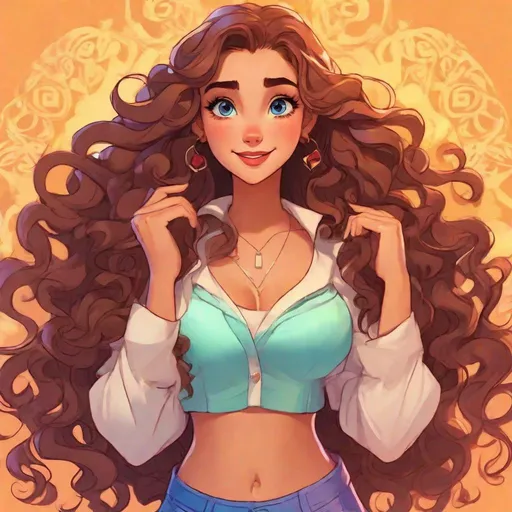 Prompt: vivid, super detailed, full body, Disney animated style, model, cute, detailed long hair, styled, curly, expressive eyes, perfect hands, symmetrical face, emotion, 24 year old woman