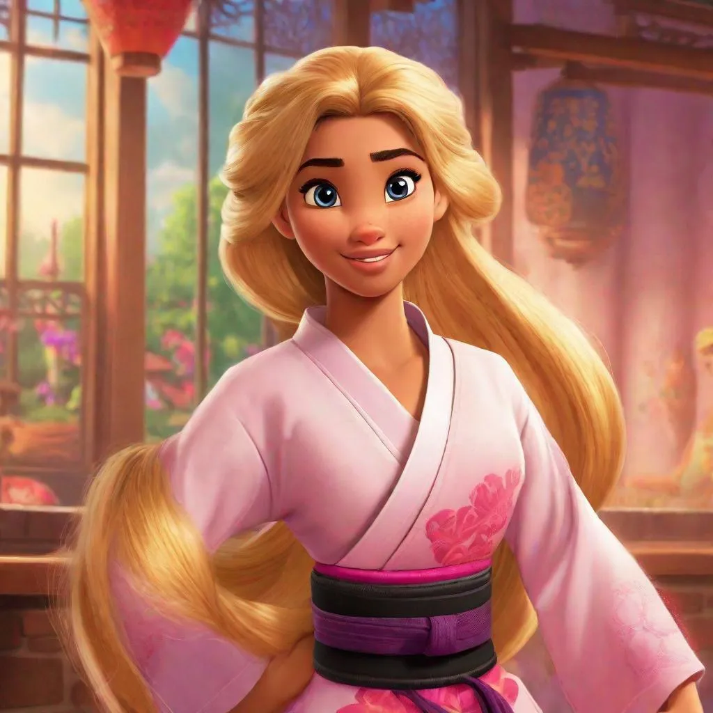 Prompt: vivid, detailed, Rapunzel Disney princess, karate black belt, kata, serious expression, realistic