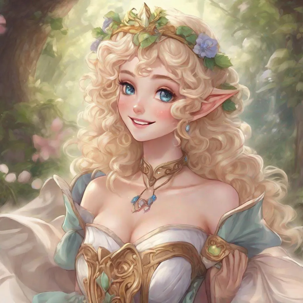 Prompt: Vivid, super detailed, full body, Full color, super attractive, young elf girl, princess, blonde curly hair, sweet, cute, caring, smiling