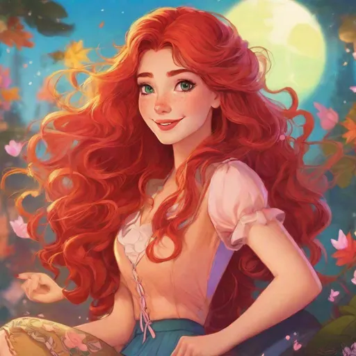 Prompt: Vivid, super detailed, 1girl, long Curley red hair, feminine, 25 years old, Disney style
