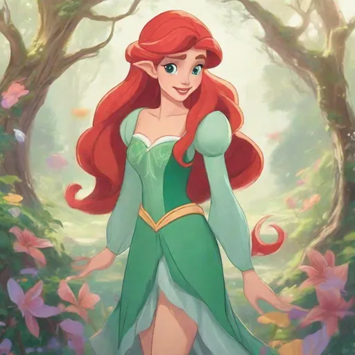 Prompt: Vivid, detailed, Disney classic animation style, Ariel Disney princess, full body, cute, elf princess, fancy short elven dress