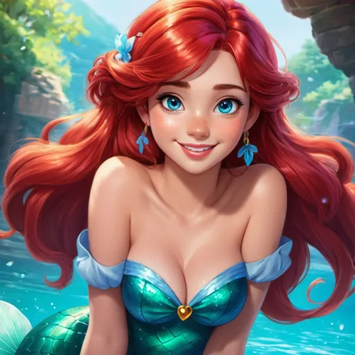 Prompt: 1girl, Vivid, super detailed, full body, Full color, super attractive, Disney Ariel, princess, anime style, red hair, sweet, cute, caring, smiling, expressive blue eyes, perfect hands