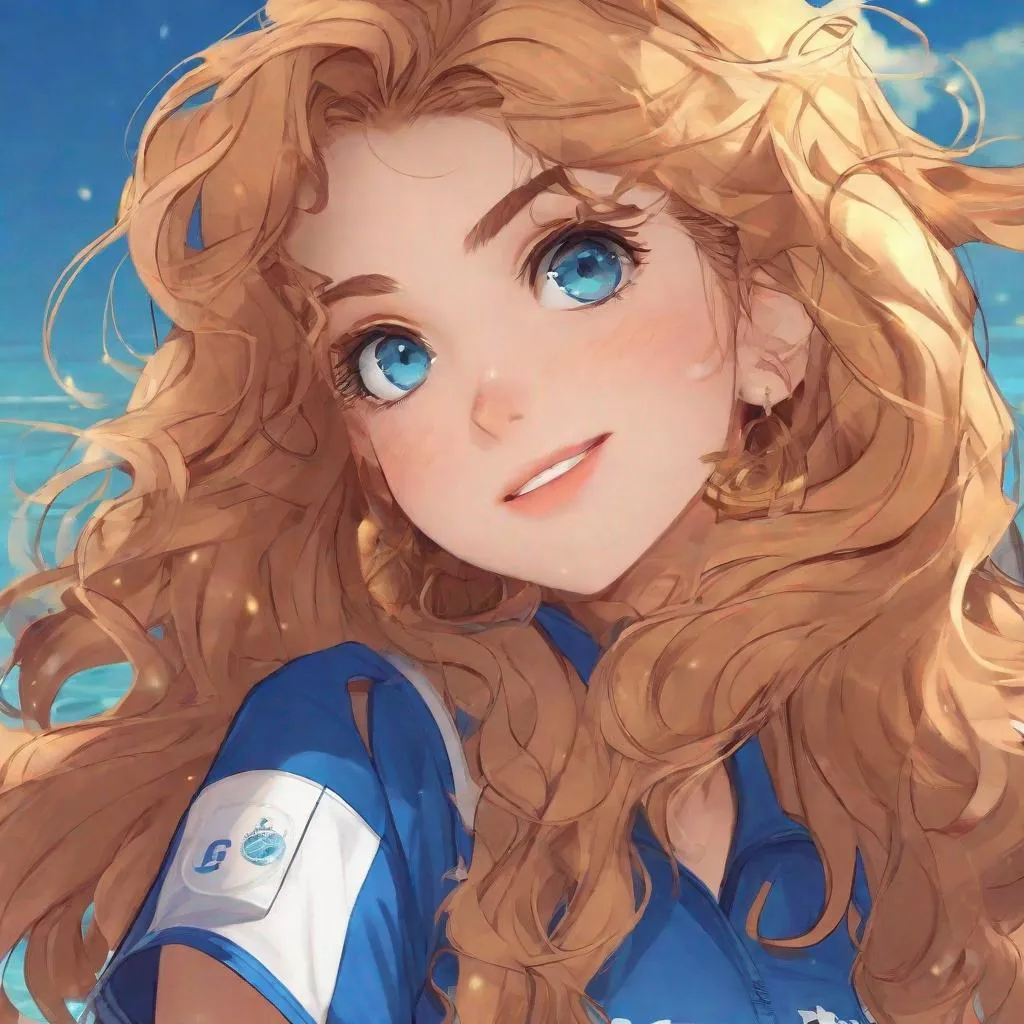 Prompt: 1girl, vivid, detailed, full body, realistic animated style, beautiful, long curly hair, large expressive blue eyes, lifeguard