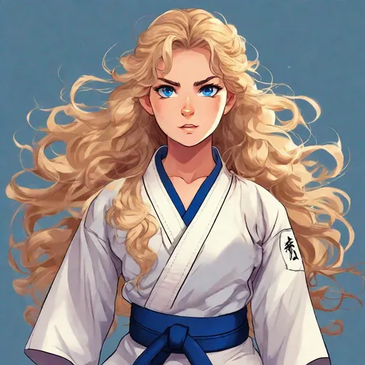 Prompt: vivid, detailed, 1girl, beautiful, long curly blonde hair, large expressive blue eyes, karate black belt, kata, serious expression, realistic animated style