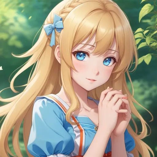 Prompt: 1girl, anime style, Vivid, super detailed, full body, Full color, super cute, blonde hair, sweet, caring, expressive blue eyes, perfect hands