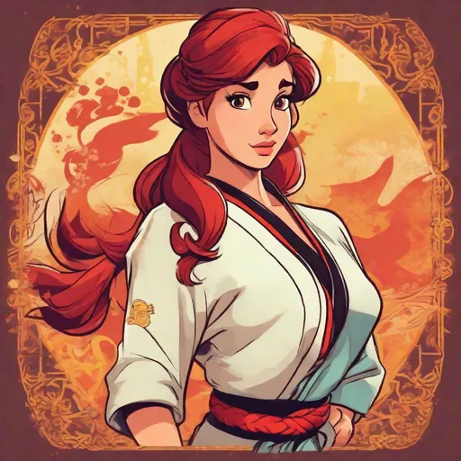 Prompt: vivid, detailed, Ariel disney princess, karate black belt, kata, serious expression, realistic