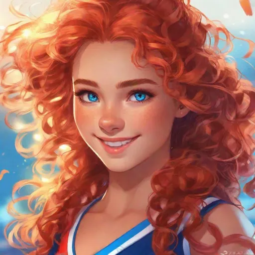 Prompt: 1girl, vivid, detailed, full body, realistic animated style, beautiful, long curly red hair, large expressive blue eyes, cheerleader