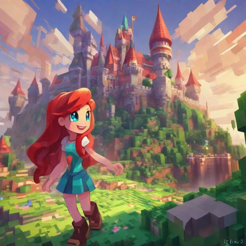 Prompt: 1girl, vivid, super-detailed, Ariel disney princess, cute, playing Minecraft, minecraft castle in background