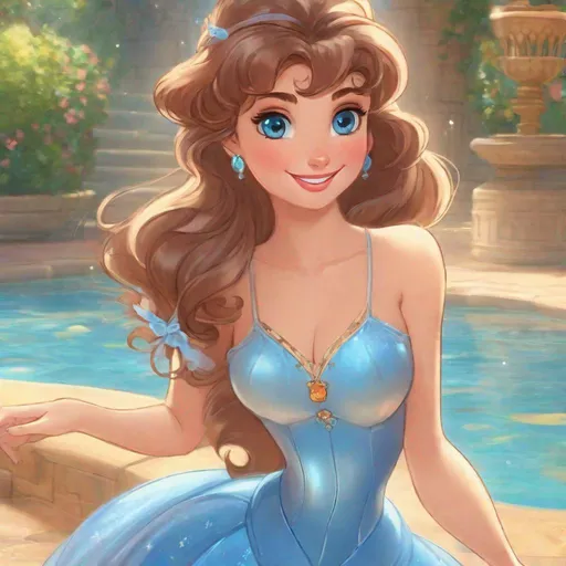 Prompt: Vivid, super detailed, full body, Full color, super attractive, super model, Disney Cinderella, princess, brown hair, sweet, cute, caring, smiling, expressive blue eyes, perfect hands, 2-piece swimsuit