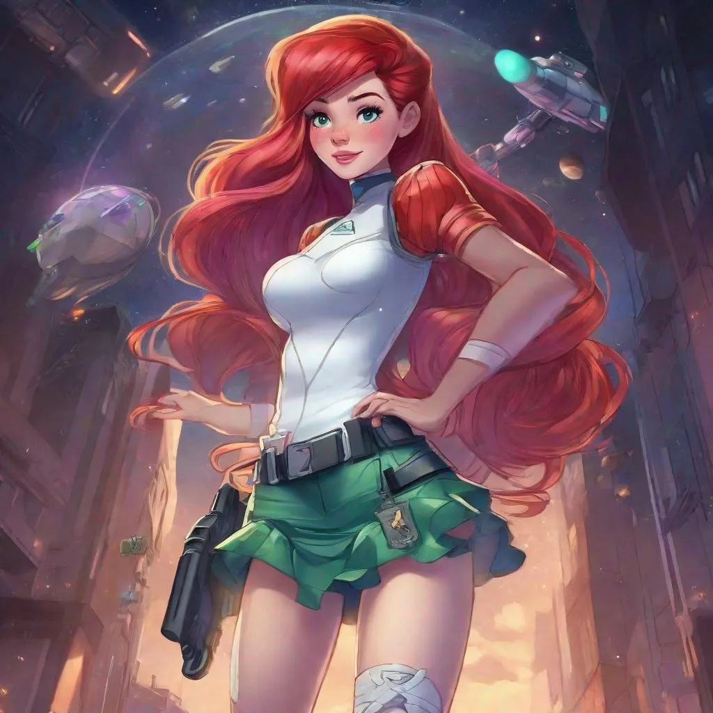 Prompt: Vivid, detailed, 1girl, Ariel disney princess, space police, miniskirt