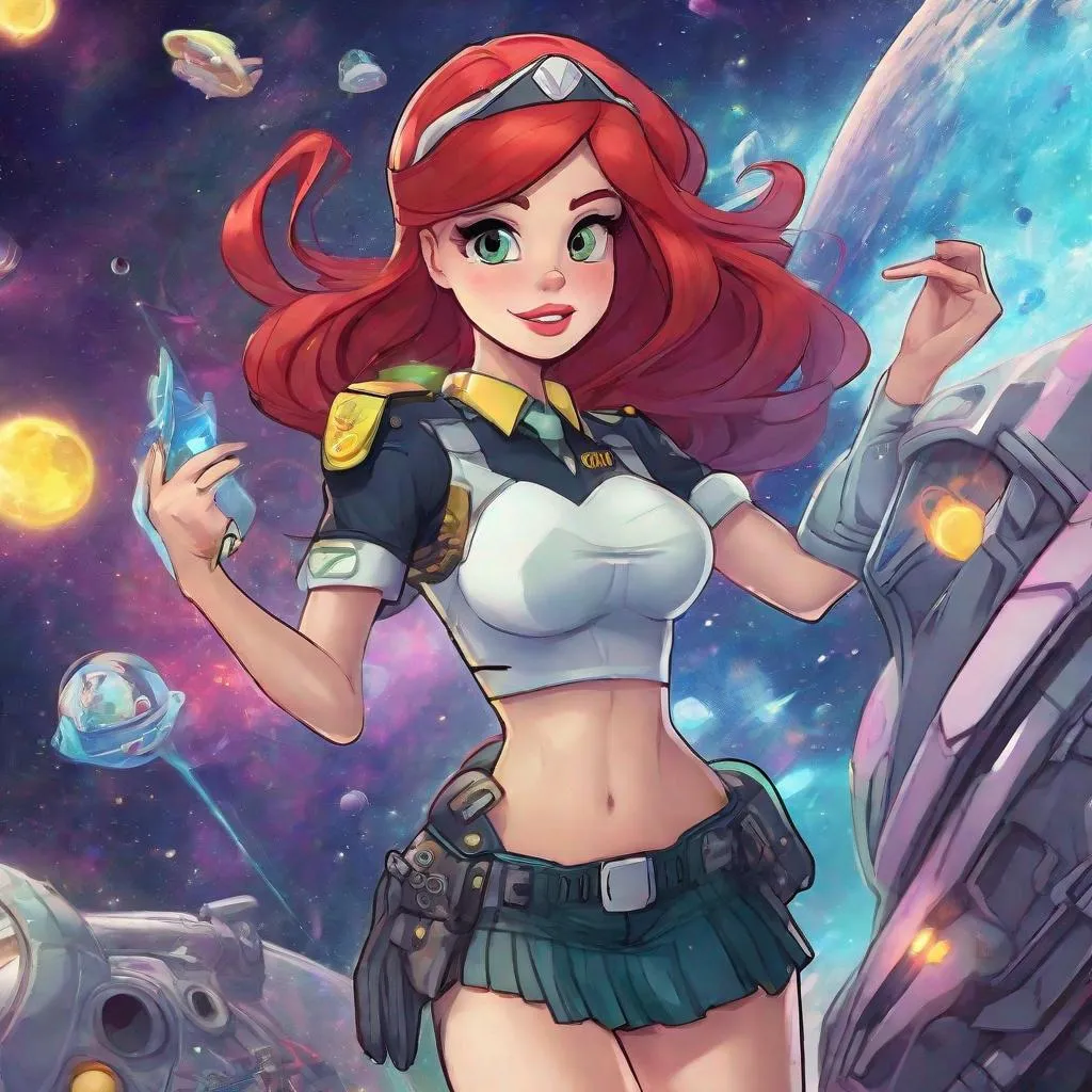 Prompt: Vivid, detailed, 1girl, Ariel disney princess, space police, miniskirt