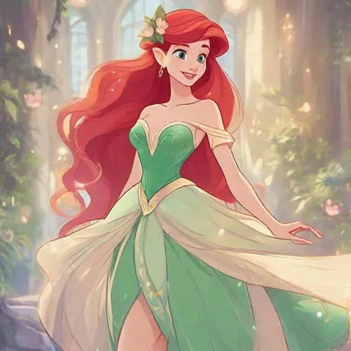 Prompt: Vivid, detailed, Disney classic animation style, Ariel Disney princess, full body, cute, elf princess, fancy elven dress