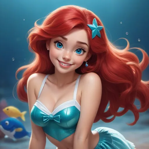 Prompt: 1girl, Vivid, super detailed, full body, Full color, super attractive, Disney Ariel, princess, cheerleader, red hair, sweet, cute, caring, smiling, expressive blue eyes, perfect hands