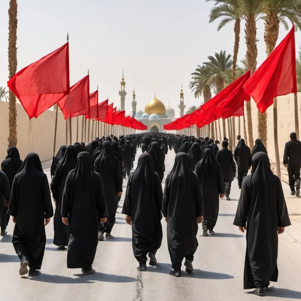 Prompt: Several men and women dressed in black holding red flags in their hands walk along a palm road to the holy shrine of Imam Hussein. Back view