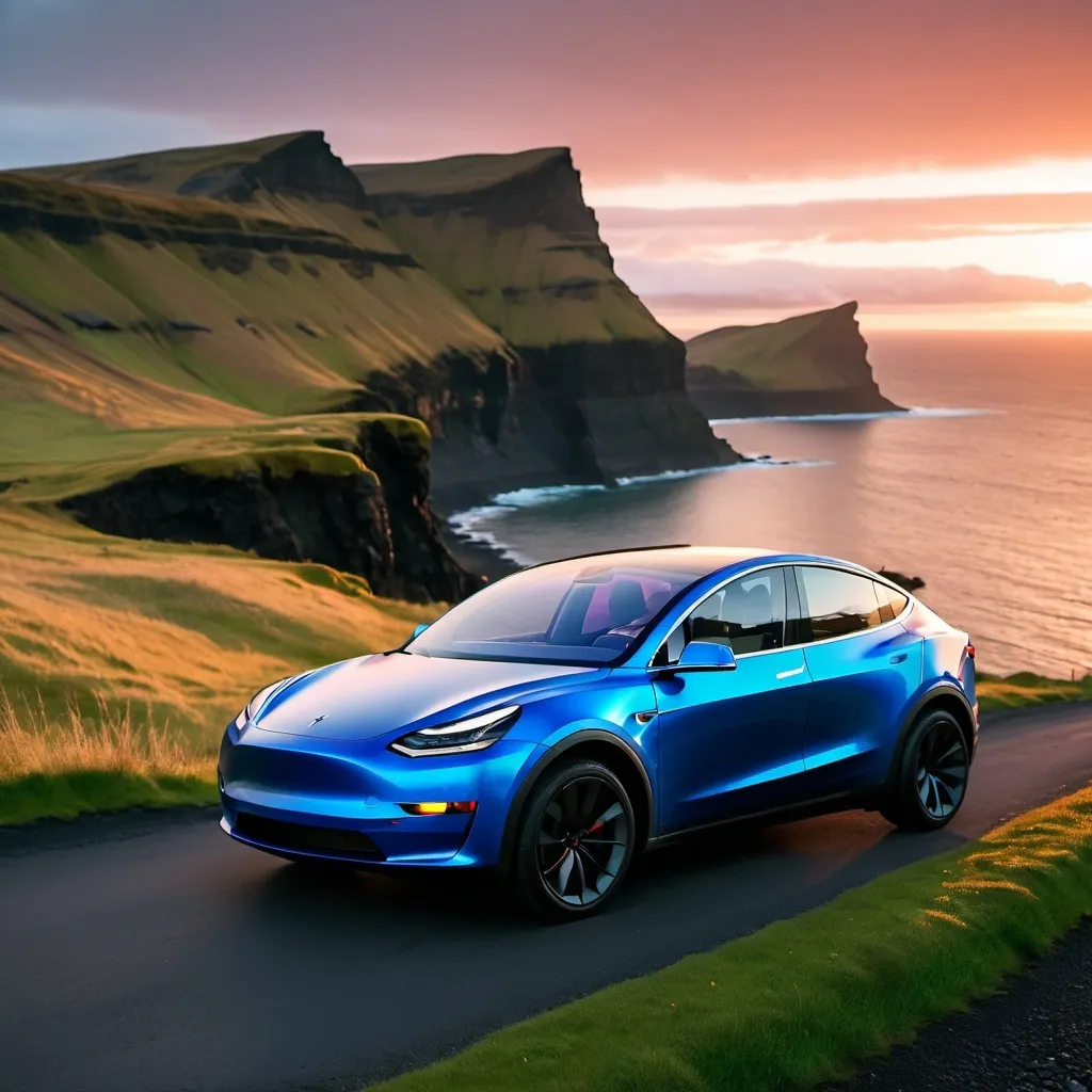 Prompt: Ein blau metallic matt Tesla Model Y mit schwarz matten Felgen und weiser Innenausstattung, steht im Grünen auf den Klippen von Island. Im Hintergrund der Sonnenuntergang im Meer.