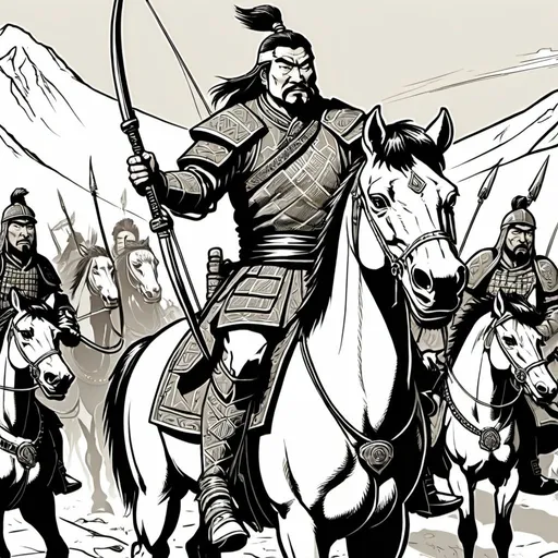 Prompt: Intimidating Genghis khan on a horse with a bow. Comic style, other horde soldiers behind him. Illustration. Make it mexican looking