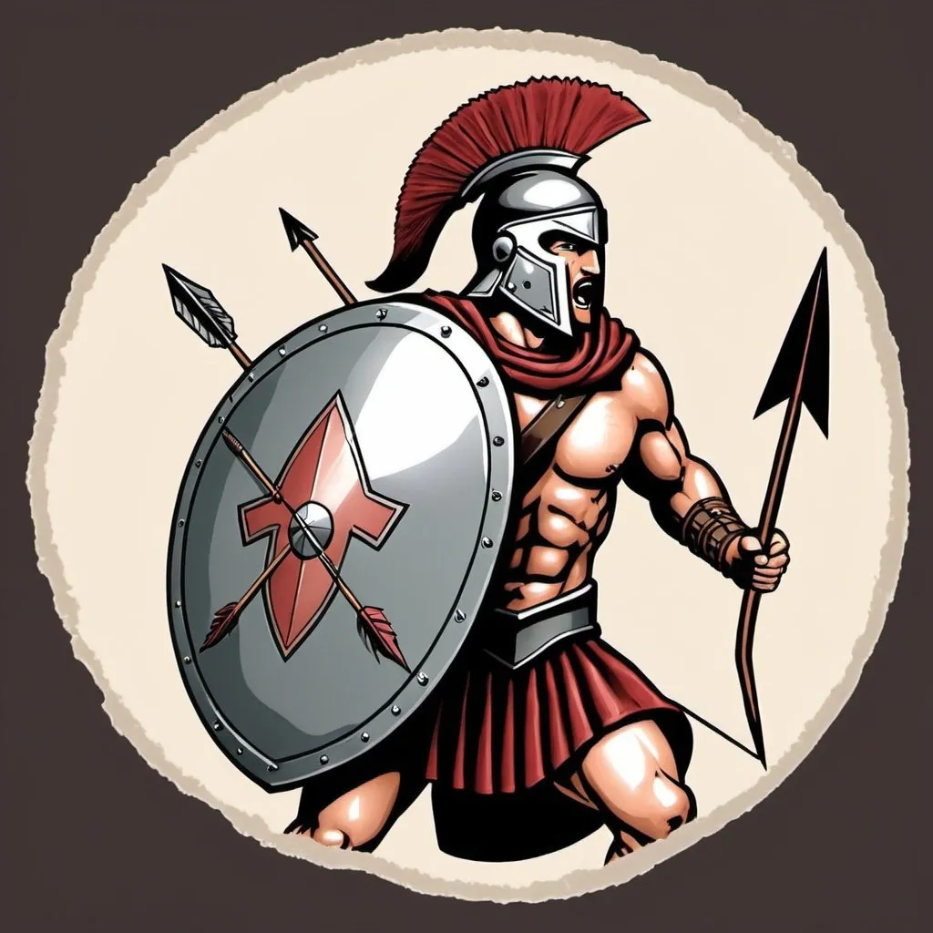 Prompt: Image of a spartan soldier holding a shield and an arrow and in attack mode. The word written on a shield must be "if.". Style can be comic. Image is meant to ve ysed as a custom print on the front of a baseball cap.