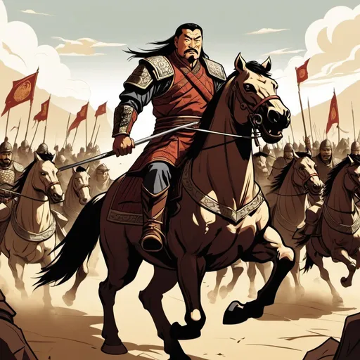 Prompt: Intimidating Genghis khan on a horse. Comic style, other horde soldiers behind him. Illustration