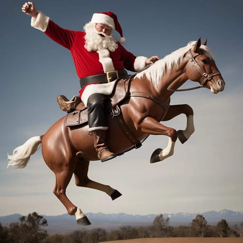 Prompt: santa on a bucking bronco, realistic, natural lighting