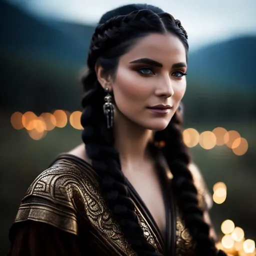 Prompt: a norse shamanic woman with long jetblack braided hair light norse leather clothing with little fur shamanic painting face Fashion photography, Pulitzer Prize-winning photography, Bokeh, Volumetric Lighting, Golden Hour, Soft natural lighting, and Film gain.portrait heavenly beauty, 128k, 50mm, f/1. 4, high detail, sharp focus, perfect anatomy, highly detailed, detailed and high quality background, oil painting, digital painting, Trending on artstation, UHD, 128K, quality, Big Eyes, artgerm, highest quality stylized character concept masterpiece, award winning digital 3d, hyper-realistic, intricate, 128K, UHD, HDR, image of a gorgeous, beautiful, dirty, highly detailed face, hyper-realistic facial features, cinematic 3D volumetric, illustration by Marc Simonetti, Carne Griffiths, Conrad Roset, 3D anime girl, Full HD render + immense detail + dramatic lighting + well lit + fine | ultra - detailed realism, full body art, lighting, high - quality, engraved, ((photorealistic)), ((hyperrealistic)), ((perfect eyes)), ((perfect skin)), ((perfect hair))