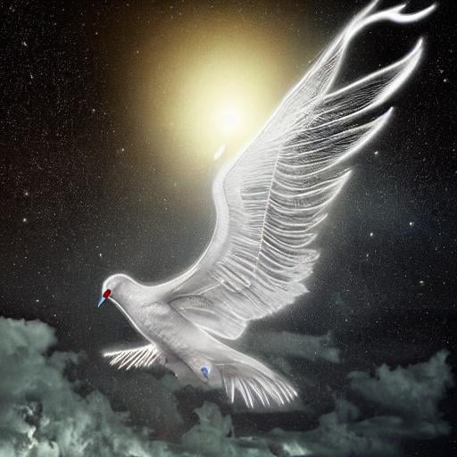 Prompt: hyperdetailed photoreal image of real white glowing peace dove, with spread out wings rising into the deep mysterious night sky, universe expansive hologram intricate details, HDR, beautifully shot, hyperrealistic, sharp focus, 64 megapixels, perfect composition, high contrast, cinematic, atmospheric, moody abstract art complementary colors fine details