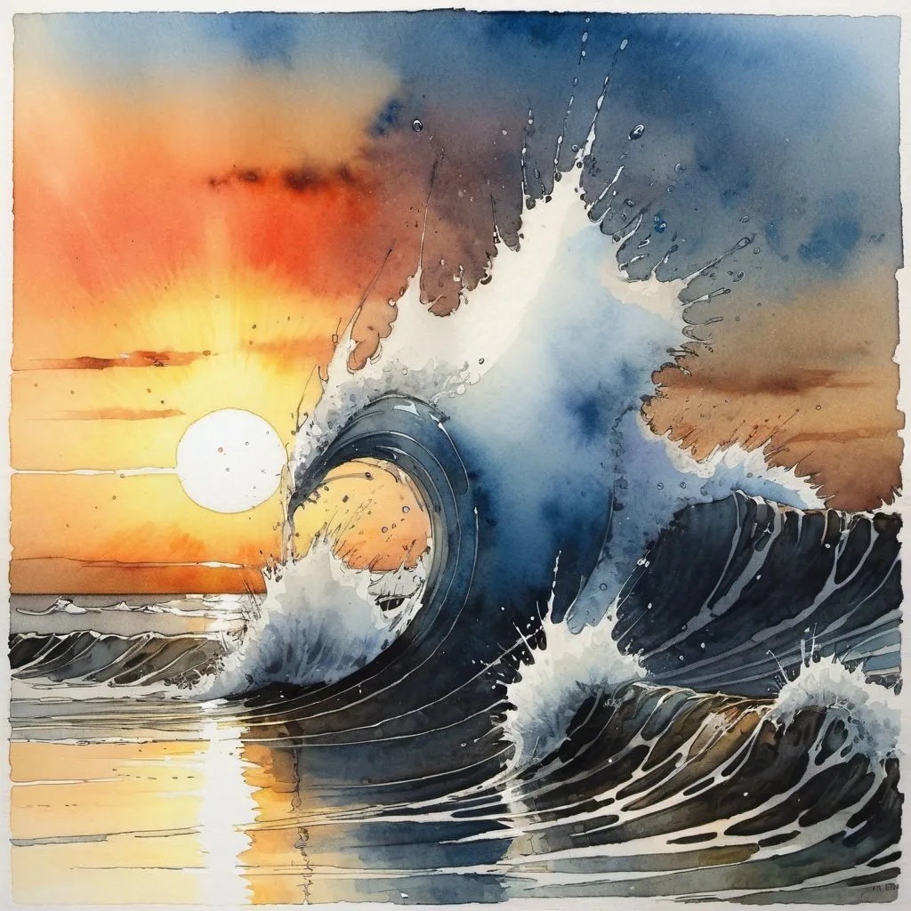 Prompt: Water and light. Sunset. Crashing waves. Albrecht Durer. Jean-Baptiste Monge. Watercolor, Wet on Wet with drips, sharp focus, intricate, focused, Metalic Ink, Minimalist, splash art, very colourful