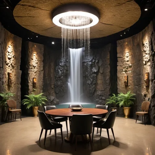 Prompt: 350 meter tall indoor artificial waterfall rock wall round large ceiling, dark underground platform with table with chairs, book shelves, jungle, overgrown rock walls, sharp focus, dark, mysterious, professional photography, mysterious, deep shadows ; retro, vintage ; golden hour, centered, symmetrical, sharp focus, cinematic, Wide Angle-coded insane details"
