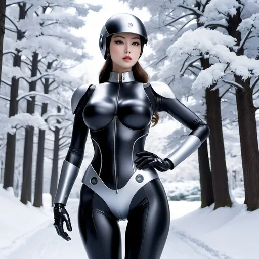 Prompt: recruitment robot physical training Gynoid by Hajime Sorayama, standing, snowy scene, alert expression, artificial plus size, android, very curvy pelvic structure, holding clipboard, tights, helmet, glossy black overall, extremely long shapely legs, short small torso, bosomy soft physique, detailed eyes, 8k photo, winter scene, snowy setting, alert expression, detailed outfit, realistic, atmospheric lighting