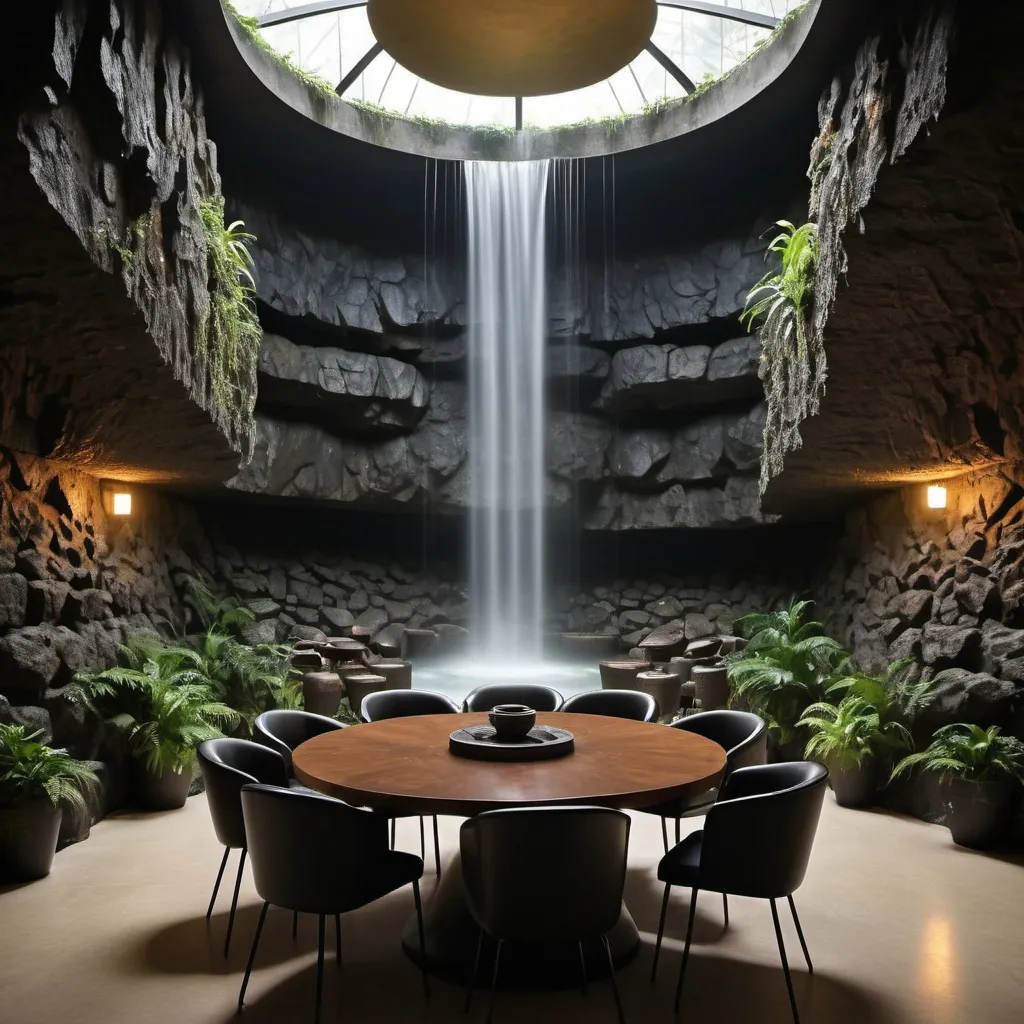 Prompt: 350 meter tall indoor artificial waterfall rock wall round large ceiling, dark underground platform with table with chairs, book shelves, jungle, overgrown rock walls, sharp focus, dark, mysterious, professional photography, mysterious, deep shadows ; retro, vintage ; golden hour, centered, symmetrical, sharp focus, cinematic, Wide Angle-coded insane details"