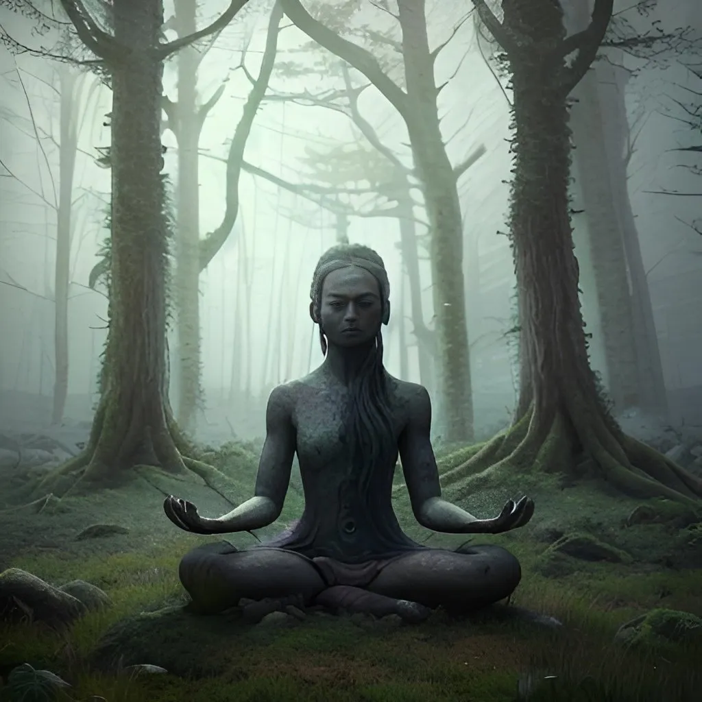 Prompt: Elemental spirit petrified meditating  in a fantasy liminal  forest meadow forest clearing, dark fog,, 8k resolution, dynamic lighting hyperdetailed Professional photography, bokeh, natural lighting, sharp focus, lofi aesthetic, an album cover by WLOP, cgsociety, neo-romanticism, chillwave, made of mist, quantum wavetracing